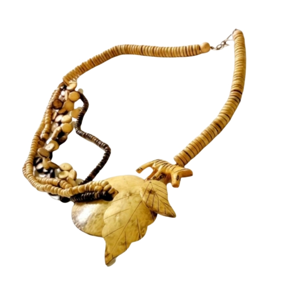 Hand-Carved Wood Statement Necklace | Earth Tone Beads & Leaf Pendant. NWOT